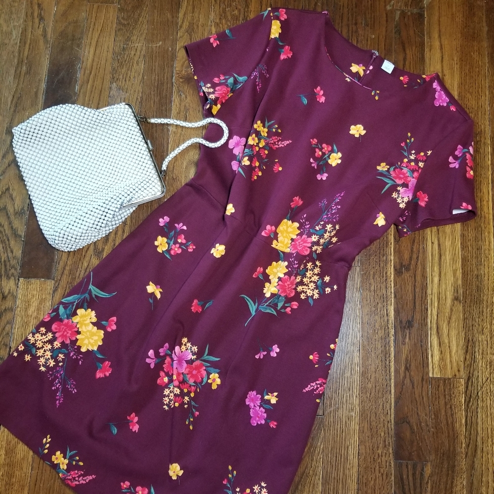 EUC Fit & Flare A-line Midi Dress, Burgundy Floral Stretch, Old Navy, L